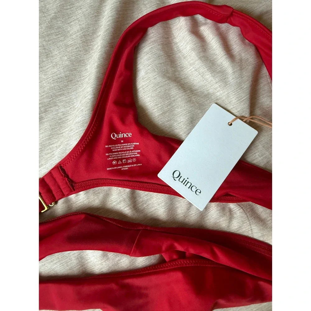 quince italian plunge bikini top swimsuit in cherry red, women size medium